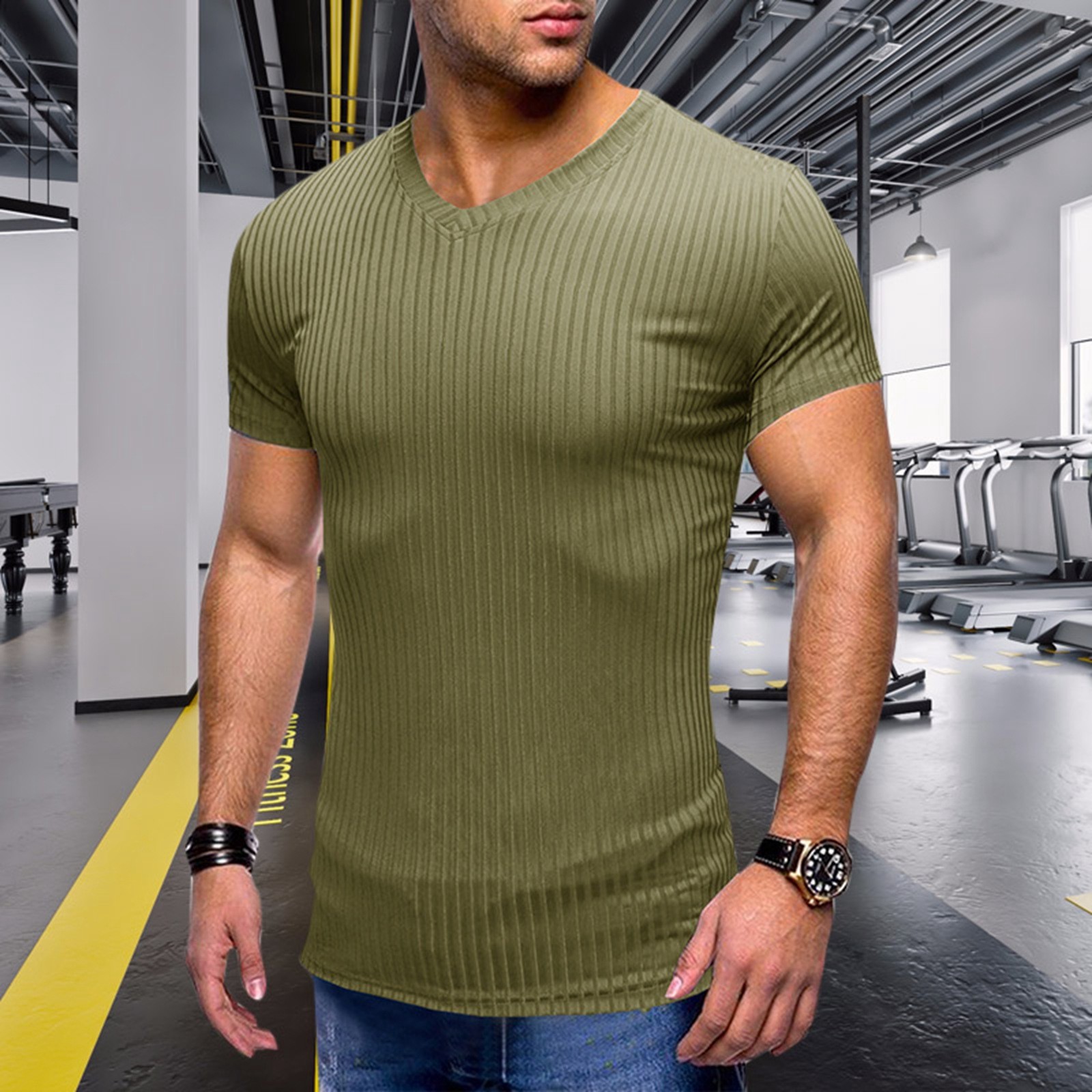 thumbnail image 3 of Camiseta de cuello en V ajustada para hombre: camiseta elástica de manga corta para culturismo, 95 % poliéster, 5 % elastano, tejido de canalé para el gimnasio y el entrenamiento., 3 of 6